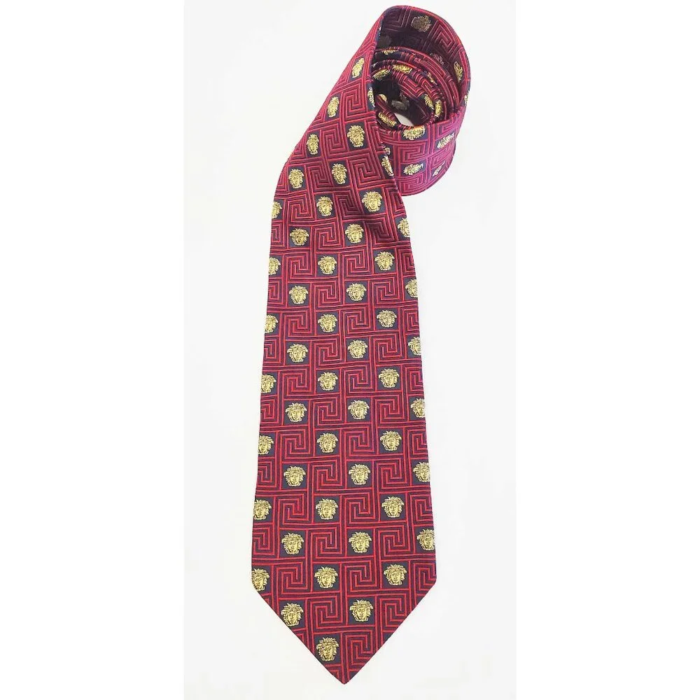 Gianni Versace Mens Woven Medusa Geometric Design Black Red Gold Neck Tie VTG